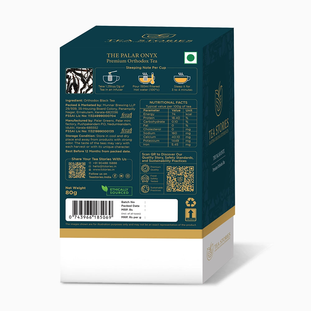 Rear packaging of Palar Onyx — details on organic tea and tasting notes.